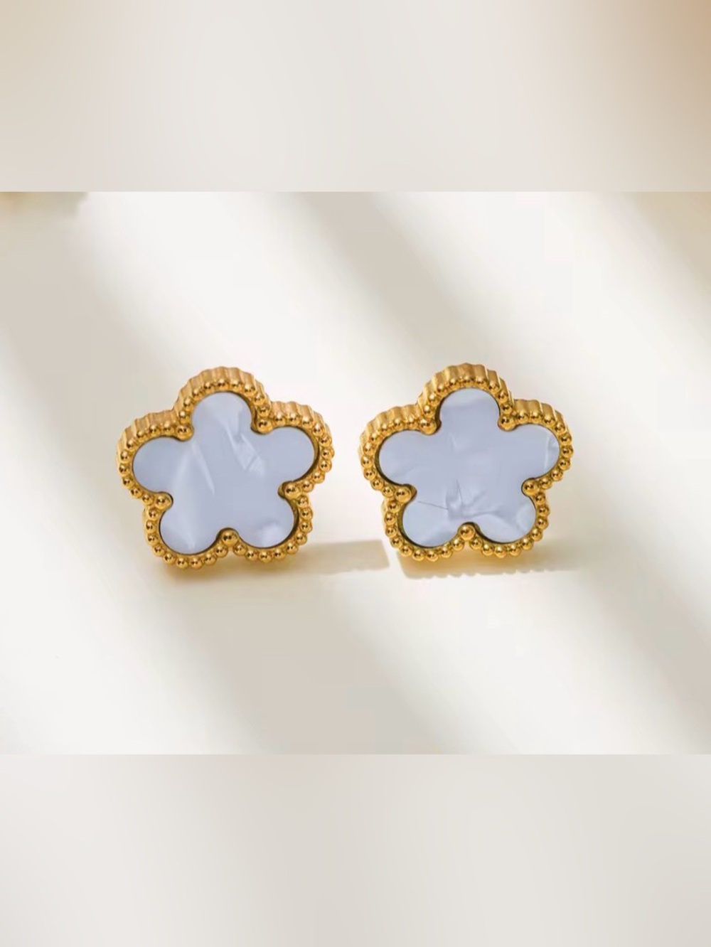 Gold-Trim White Clover Stud Earrings